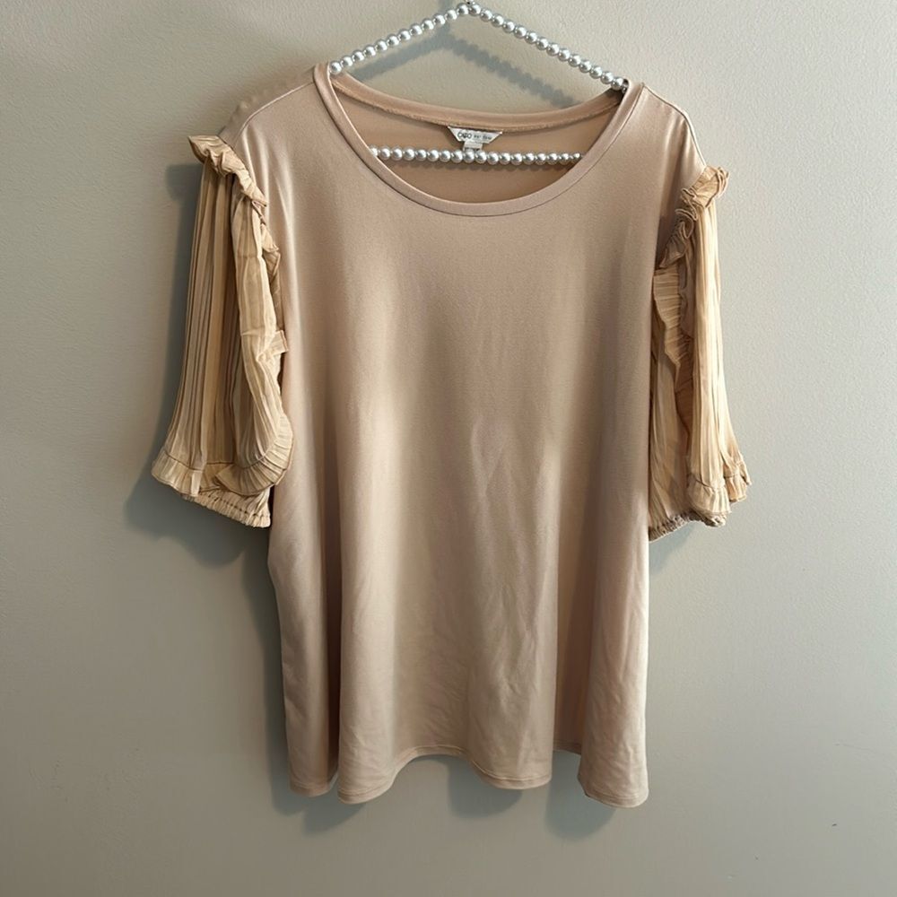 Cato Womens Pleated Ruffle Sleeve Top Tan Beige Knit Blouse Plus Size 18/20W